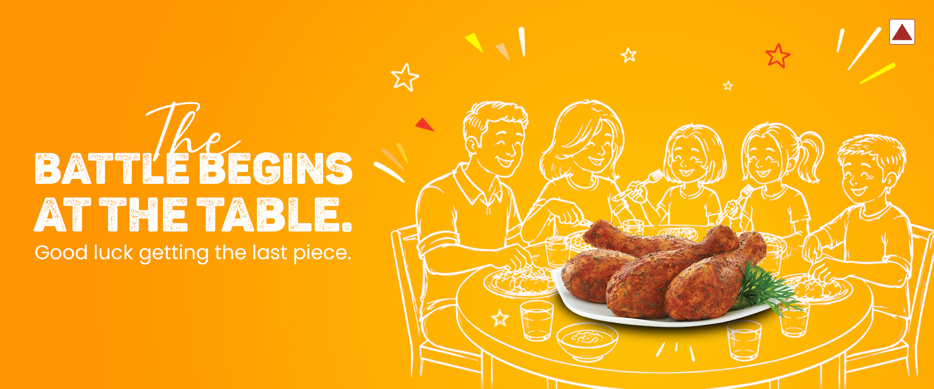 The battle begins at the table with Elicious chicken.