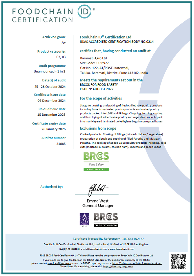 Foodchain ID certification certificate.