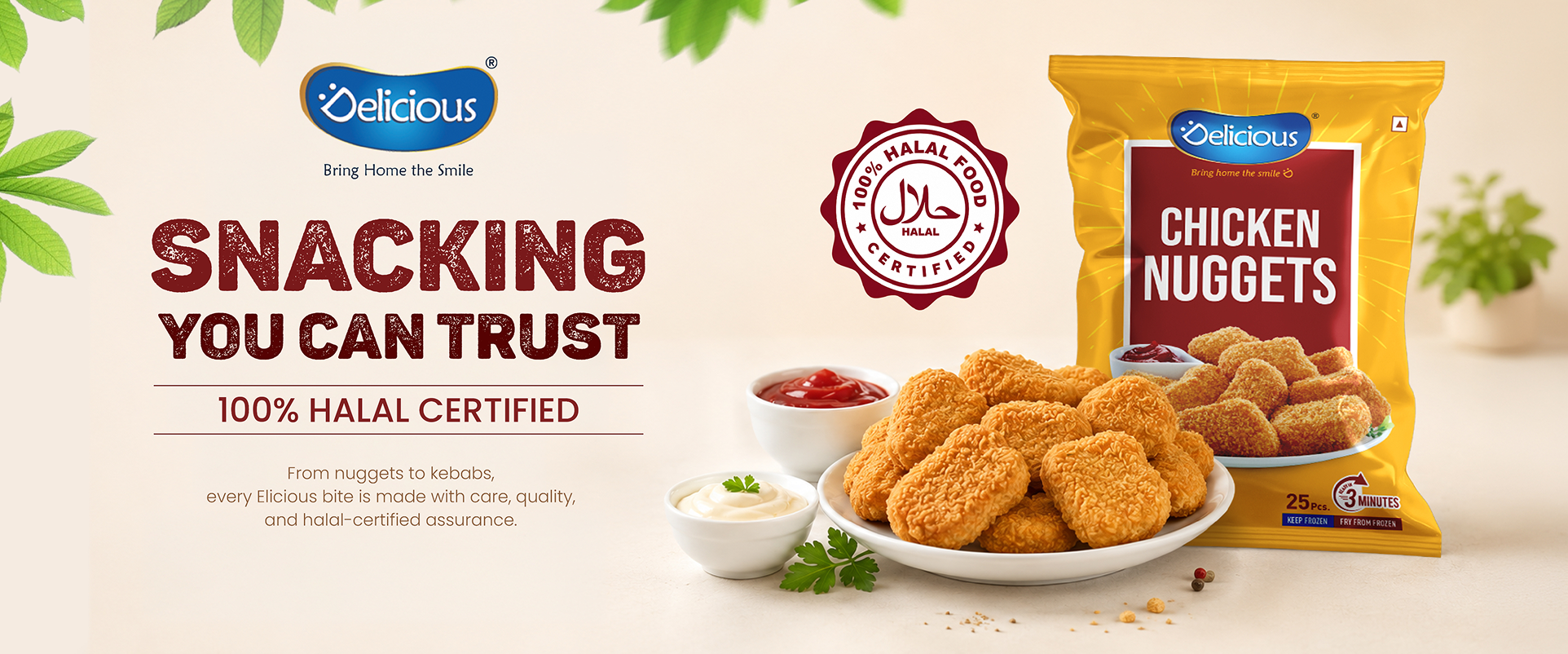 Elicious snacking you can trust 100% halal certified banner.